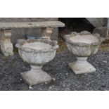 Two concrete garden planters, 17" high x 19" diameter, (one slightly a/f).