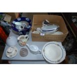 Box of mixed china including small teapot, chamber stick, jug etc.