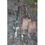 Garden tools including shovels,