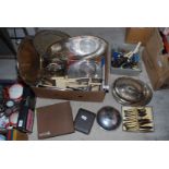 Box of various cutlery, plated trays,