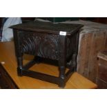 Carved darkwood workbox/locker box Stool with carved detail, on turned legs,