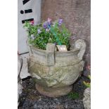 Concrete planter with cherub detail and trailing petunias,