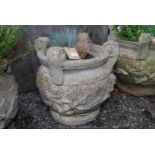 Concrete planter with cherub detail, planted with heather and grasses,