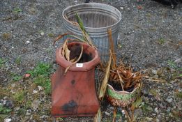 Galvanised dustbin (no lid), garden planter, chimney pot a/f.