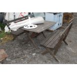 Wooden table and two wooden benches with parasol and metal base