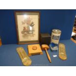 A box of miscellanea including two brass finger plates, wooden gavel and block,