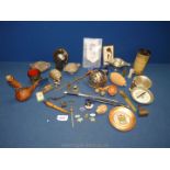 A tray of ephemera including a small oil lamp, blue glass bottle etc.