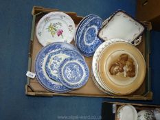 A quantity of plates including; blue & white Old Willow, Abbey,