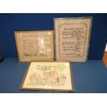 Three framed Samplers, one by A.C. Mee 1932, one by Susan Fogg 1936 etc.