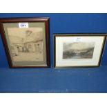A small framed Ink drawing of farmhouse courtyard, initialled E.F.D.