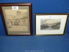 A small framed Ink drawing of farmhouse courtyard, initialled E.F.D.