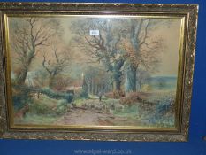 An ornate framed Watercolour depicting farmer walking his sheep through country lanes,