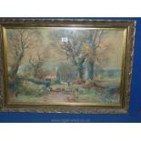 An ornate framed Watercolour depicting farmer walking his sheep through country lanes,