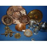 A quantity of mixed metals including large copper charger, brass plates, plated teapot,