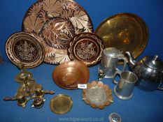 A quantity of mixed metals including large copper charger, brass plates, plated teapot,