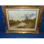 A gilt framed Oil on board titled verso 'River with Bridge' by Thos Williams, 21 1/2" x 17 1/2".
