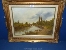 A gilt framed Oil on board titled verso 'River with Bridge' by Thos Williams, 21 1/2" x 17 1/2".