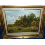 A gilt framed Oil on board titled 'The Hayrick', signed lower left Thos Williams,