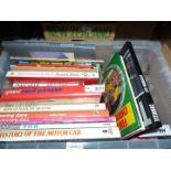 A box of books to include; Titanic, History of the Motorcar, Stock Car Racing, Old Farms,