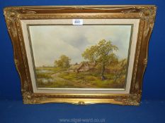 A gilt framed Oil on board depicting a thatched homestead with sheep and ponds,