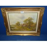 A gilt framed Oil on board depicting a thatched homestead with sheep and ponds,
