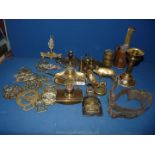 A quantity of brass including horse brasses, blotter,