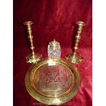 A small Brass circular tray with Moorish style decoration, 10 1/2'' diameter,