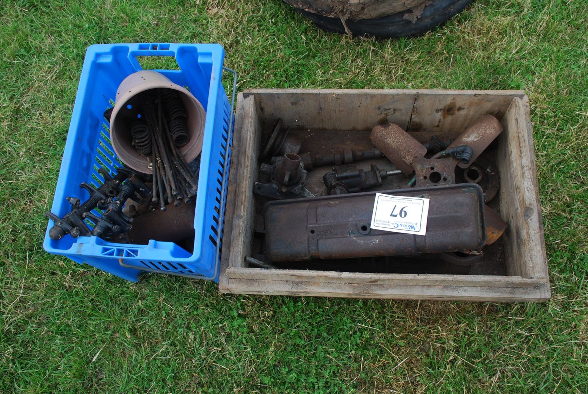 Two boxes of T20 engine parts including fan, oil pump, manifold, rocker cover, push-rods, rockers,