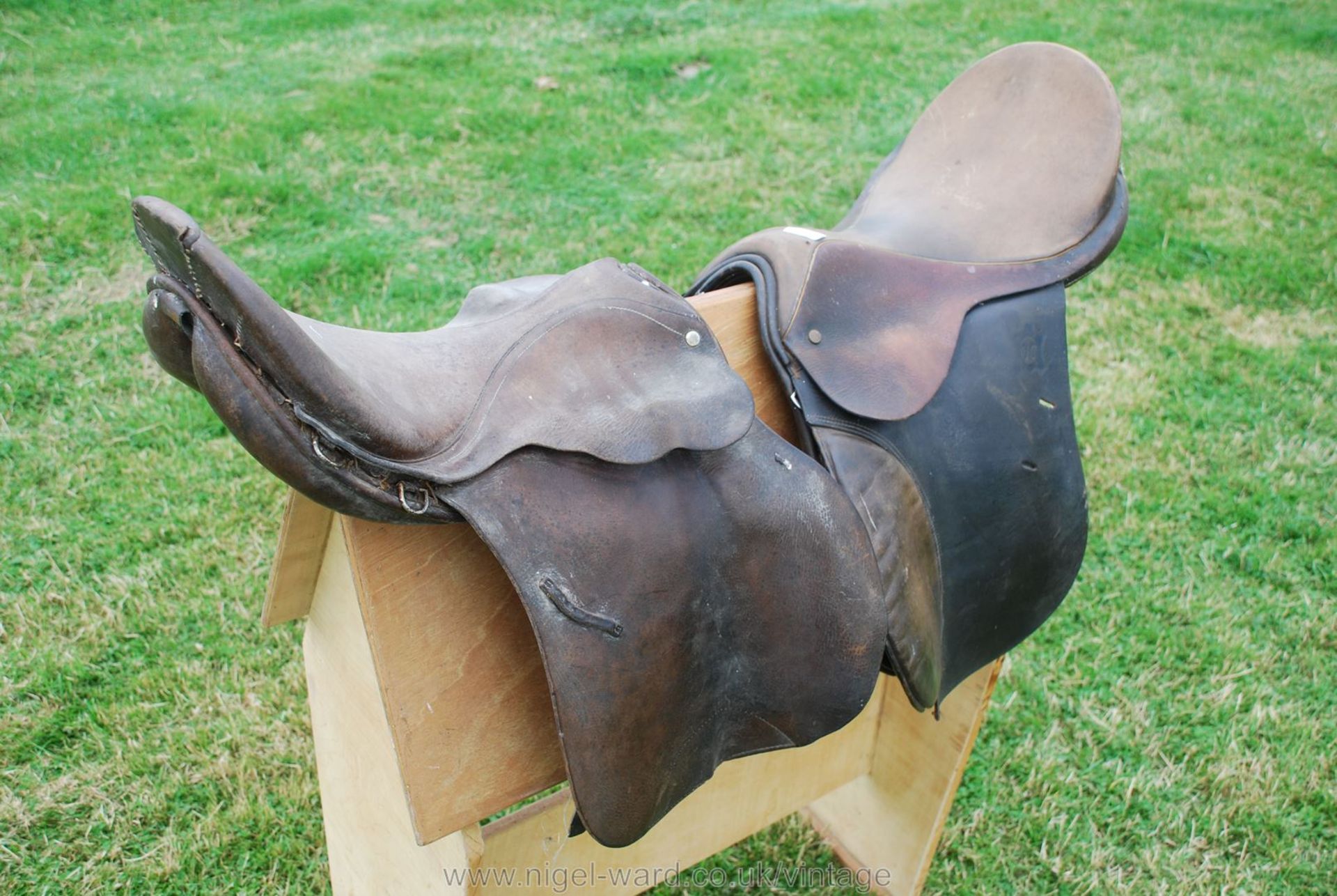 Two brown leather general purpose Saddles, believed English, 16'' approx. on a wooden horse. - Image 2 of 2