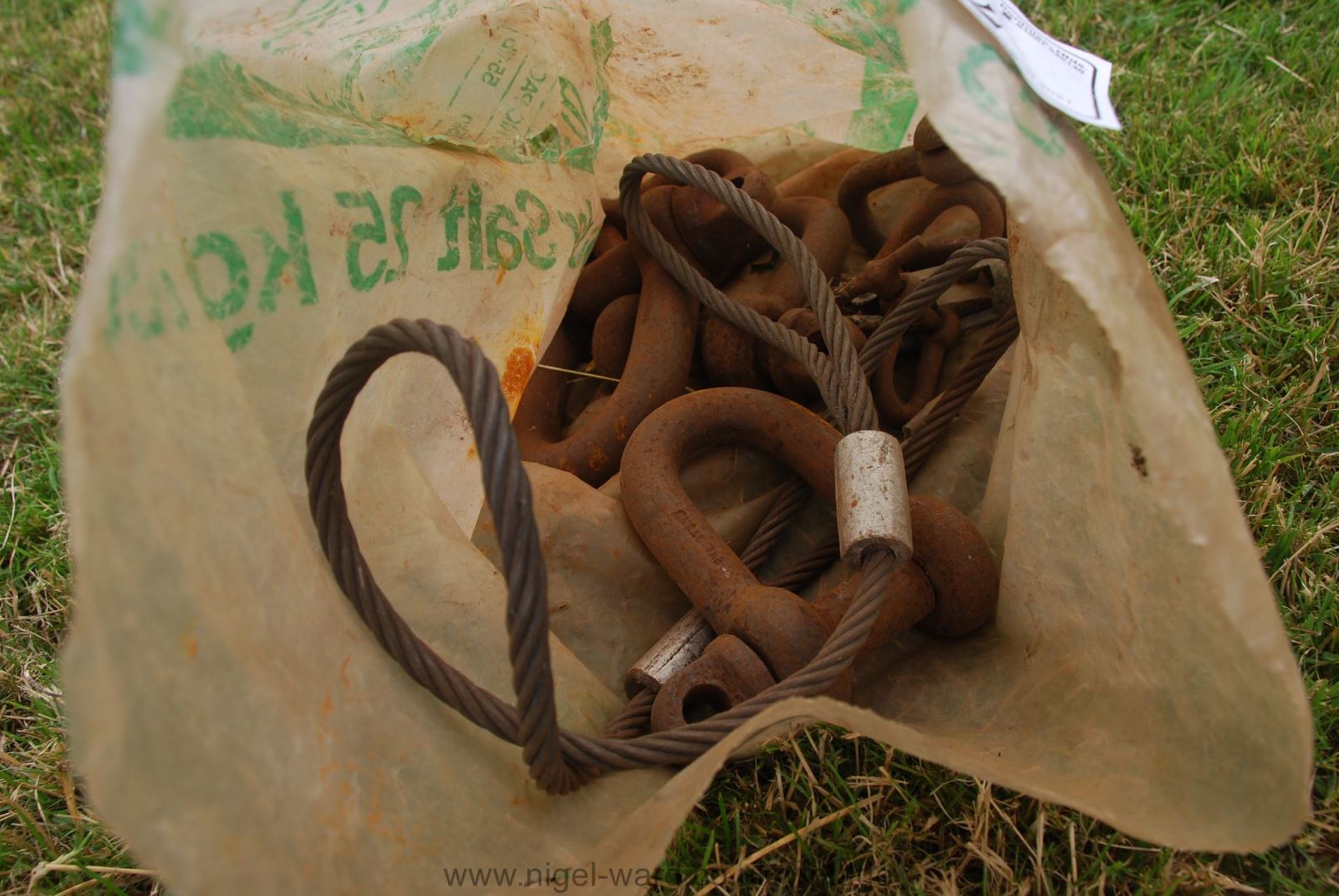 Six heavy duty D-hooks and a wire rope sling.