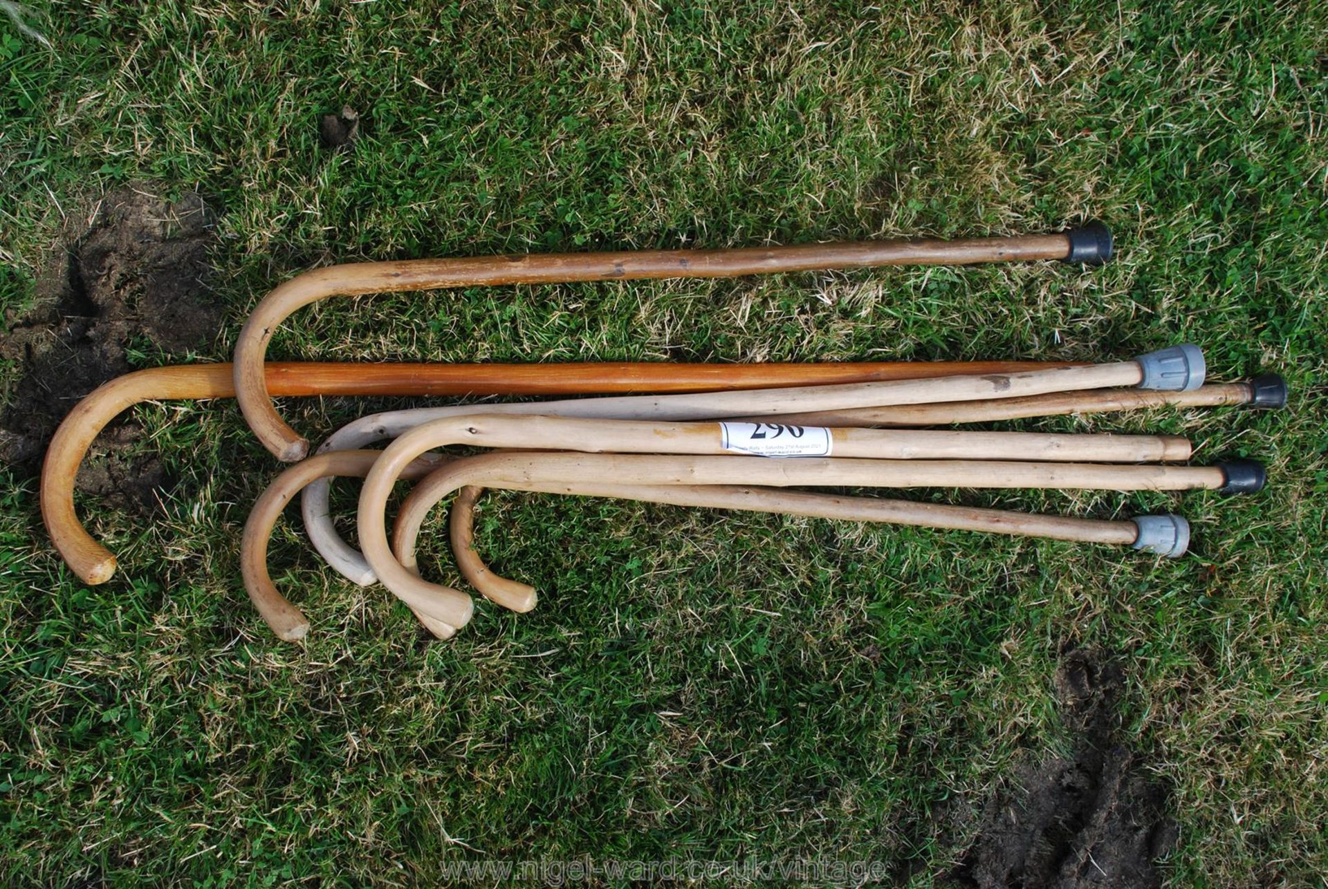Seven wooden walking sticks.