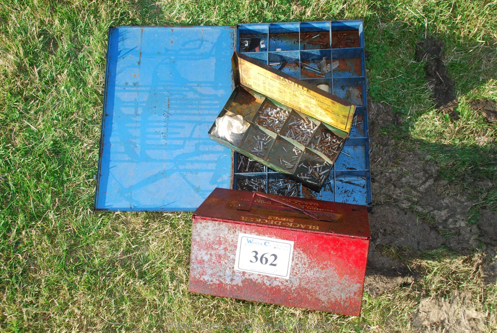 Metal boxes, contents including various screws, etc.