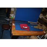 Two fibre glass fly fishing rods, one being a Cardinal two section rod,