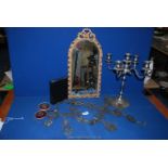 A quantity of miscellanea including metal framed hall mirror, possibly Russian icon wall hangings,