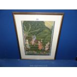 A framed and mounted oriental painting on cloth of Ladies in a garden.