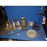 A box of mixed metals to include brass candlesticks, two chambersticks, copper kettle, brass jug,