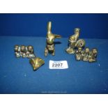 A small quantity of Brass animals including 'hear no evil, see no evil, speak no evil', cockerel,