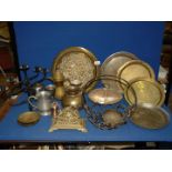 A quantity of metals including brass letter rack, pot, salver, plated bud vase, pewter tankard,