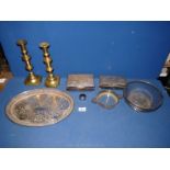 A quantity of metals including brass candlesticks, cigarette cases, tray etc.