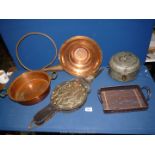 A brass bellows, copper horn, two copper bowls, metal lidded pot, etc.