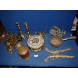 A quantity of brass and other metals including pair of candlesticks with pushers,