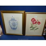 Two large framed prints one botanical the other a Chinese ginger jar.