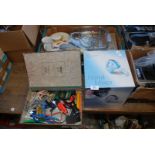 Box of glass cooking dishes, hand mixer and case of stationery.