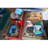 Three boxes of fishing tackle, Pentax camera, spools, table lamp,