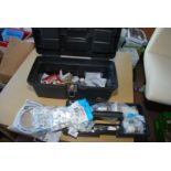 Small toolbox and contents including plumbing components etc.