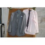 Grey stripe three piece suit 44" chest, pink shirt and tie.