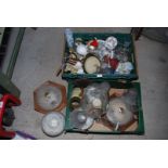 Two boxes of glass ceiling lights, drinking glasses, crockery, etc.