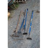 Quantity of garden rakes and hoes.