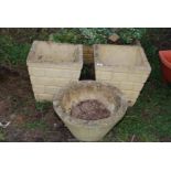 Two concrete brick effect planters 14" x 14" x 14", plus an 18" diameter concrete garden planter.