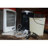 Two paper shredders (small shredder sold as seen), halogen heater, power supplies etc.